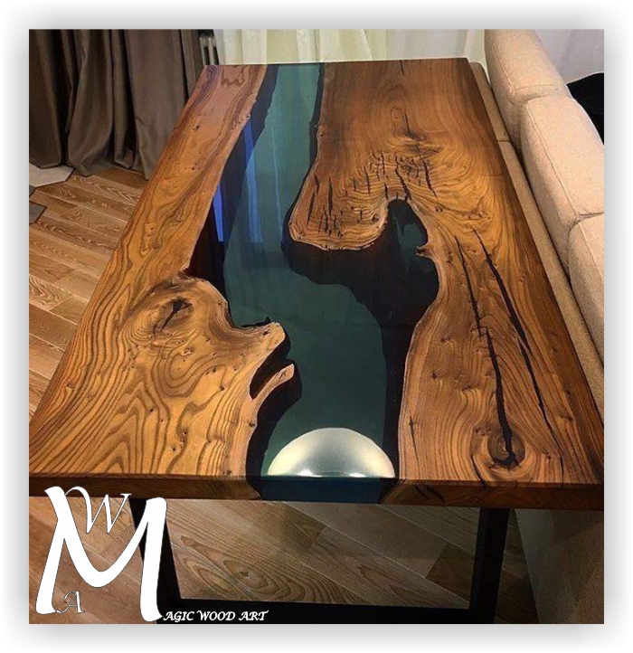 Mesa de madera y resina verde